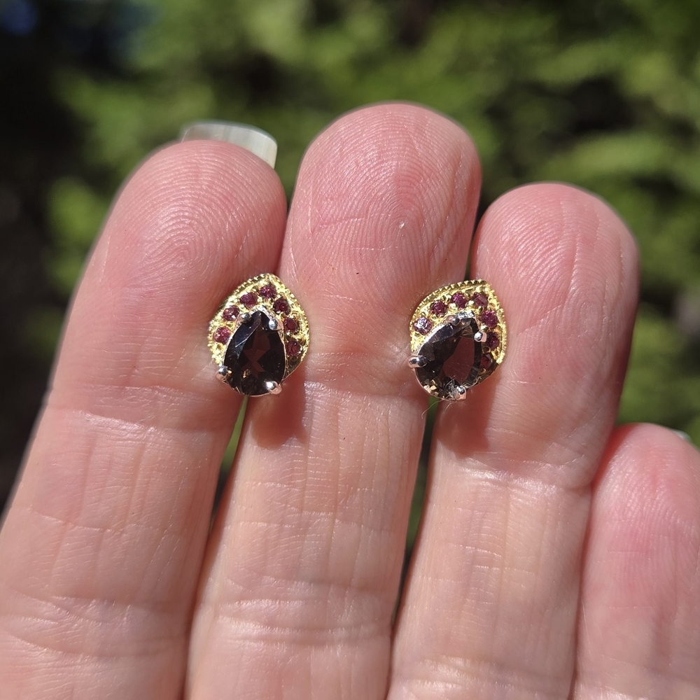 Smokey Quartz 2k & Rhodolite Natural Sterling & Gold Earrings - Picture 5 of 9